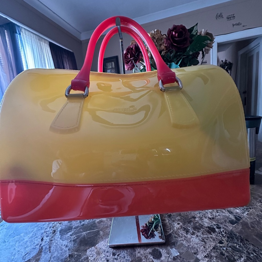 Furla Yellow and Red Satchel with Bold Color Blocking